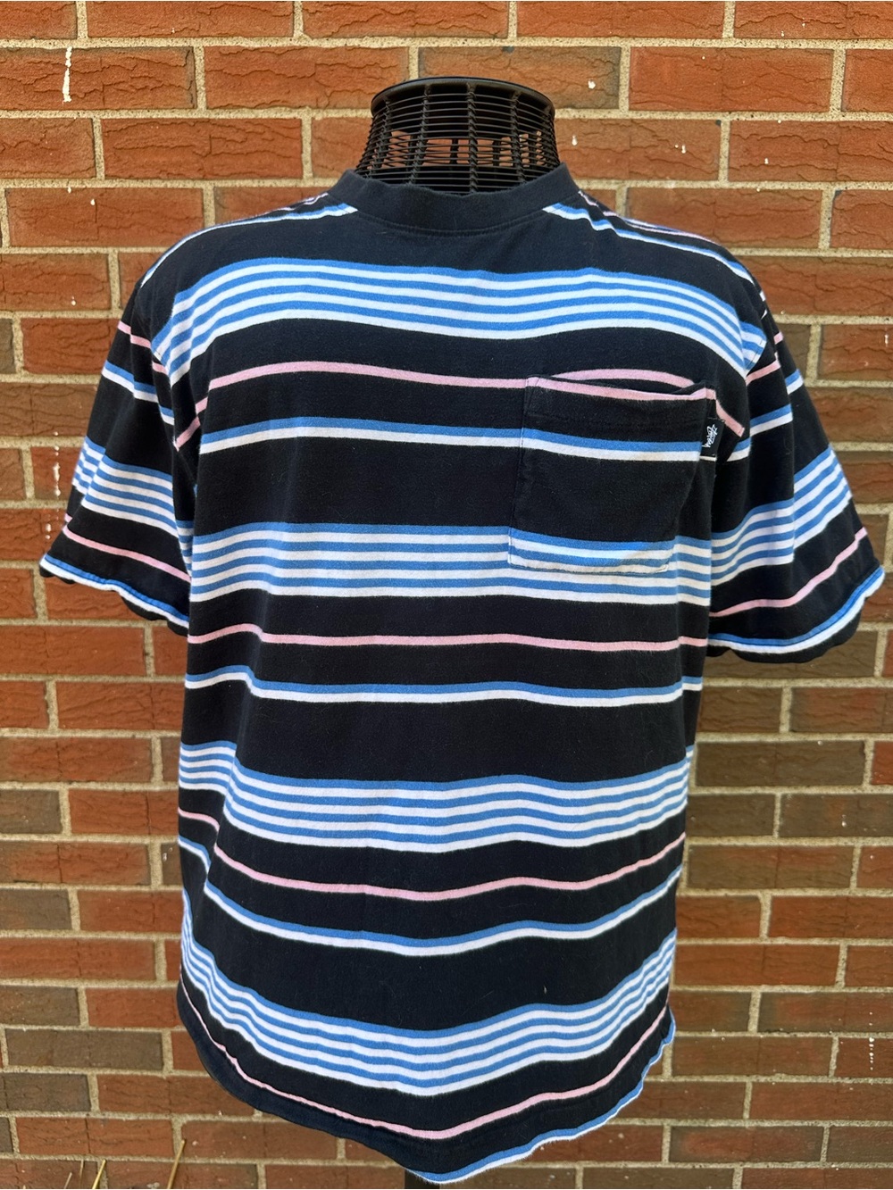 Stussy Black Short-Sleeve Tee with Blue and Pink Stripes